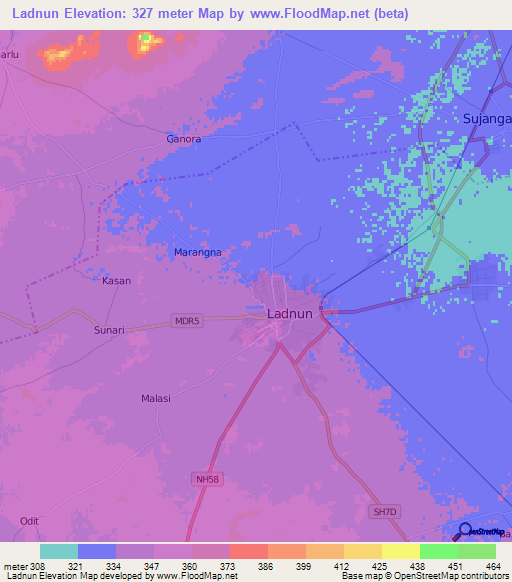 Ladnun,India Elevation Map