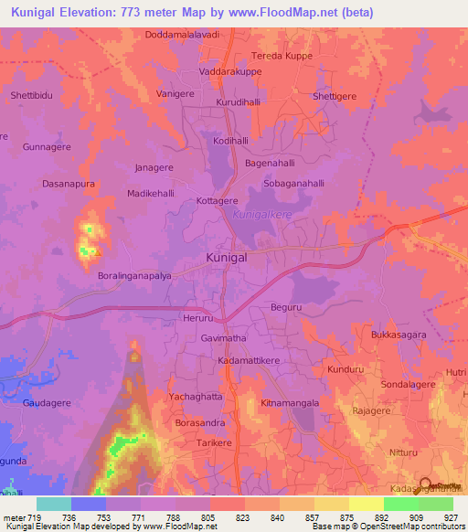 Kunigal,India Elevation Map