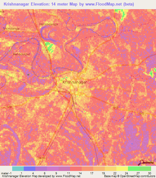 Krishnanagar,India Elevation Map