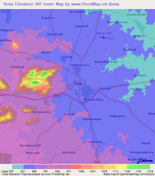 Kolar,India Elevation Map