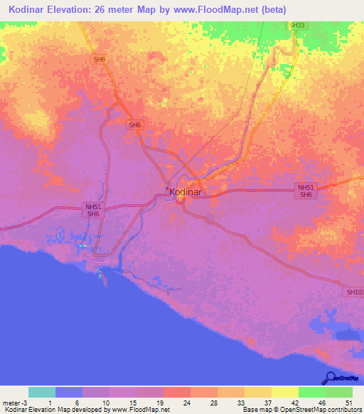 Kodinar,India Elevation Map