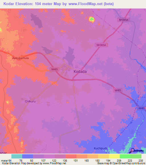 Kodar,India Elevation Map