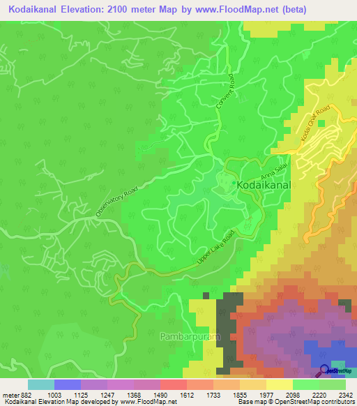 Kodaikanal,India Elevation Map