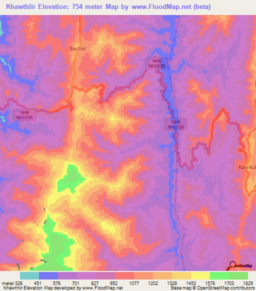Khawthlir,India Elevation Map