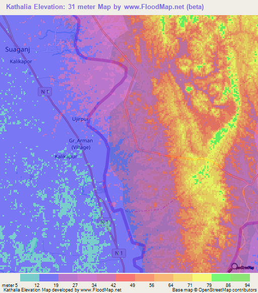 Kathalia,India Elevation Map