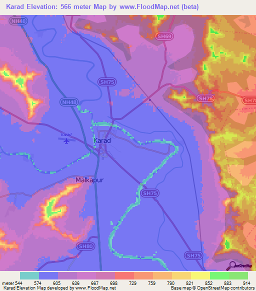Karad,India Elevation Map