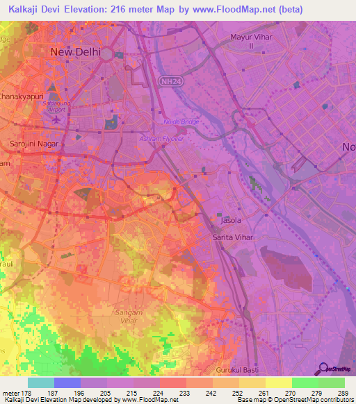 Kalkaji Devi,India Elevation Map