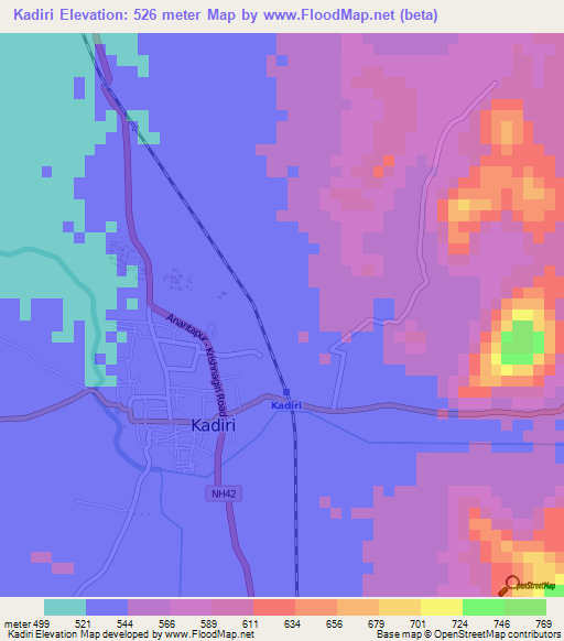 Kadiri,India Elevation Map