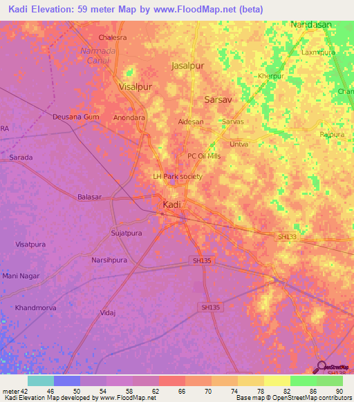 Kadi,India Elevation Map