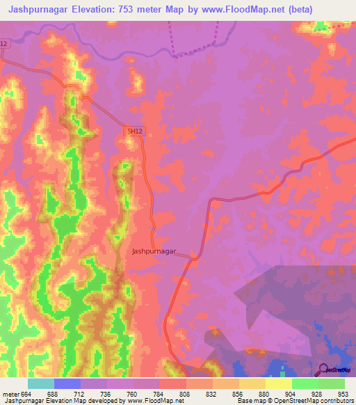 Jashpurnagar,India Elevation Map