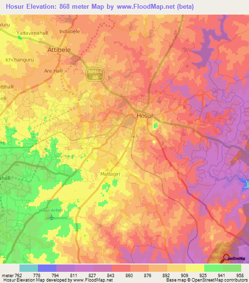 Hosur,India Elevation Map