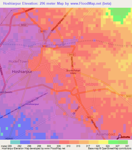 Hoshiarpur,India Elevation Map