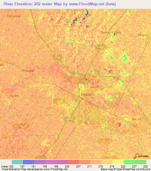 Hisar,India Elevation Map