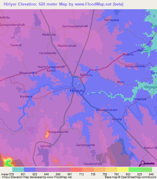 Hiriyur,India Elevation Map