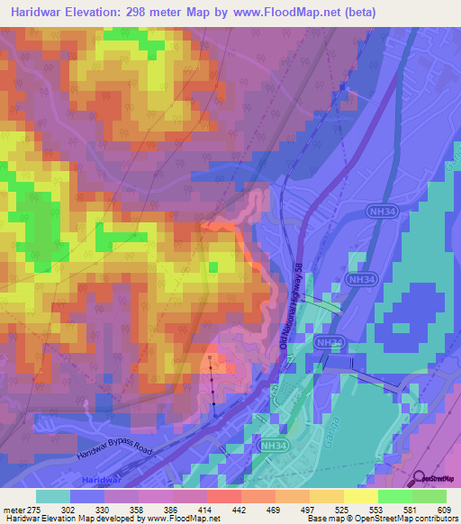 Haridwar,India Elevation Map