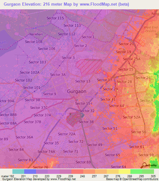 Gurgaon,India Elevation Map