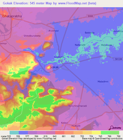 Gokak,India Elevation Map
