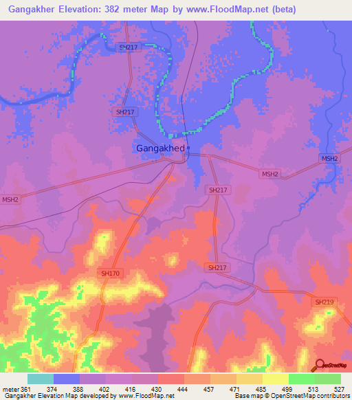 Gangakher,India Elevation Map
