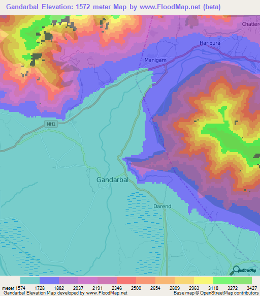 Gandarbal,India Elevation Map