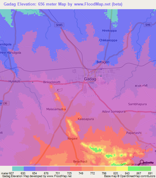 Gadag,India Elevation Map