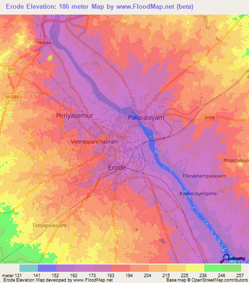 Erode,India Elevation Map