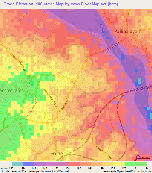 Erode,India Elevation Map