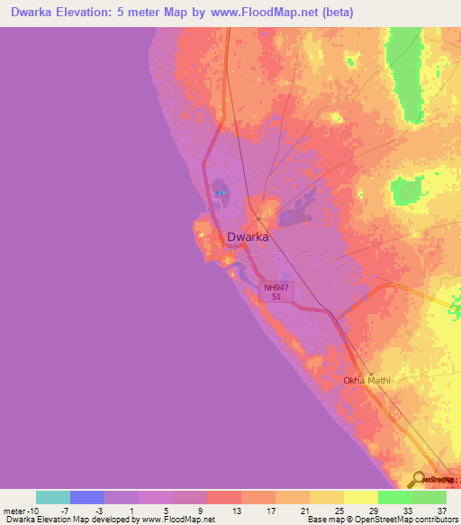 Dwarka,India Elevation Map