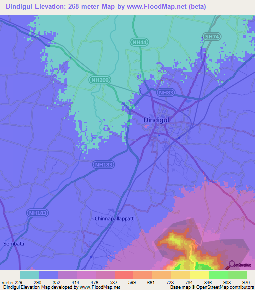 Dindigul,India Elevation Map