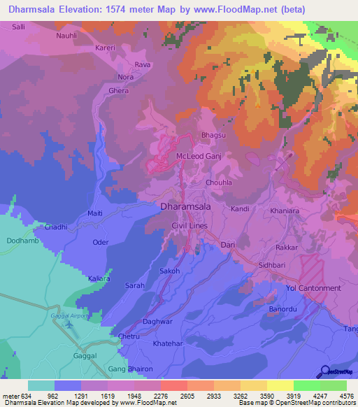 Dharmsala,India Elevation Map