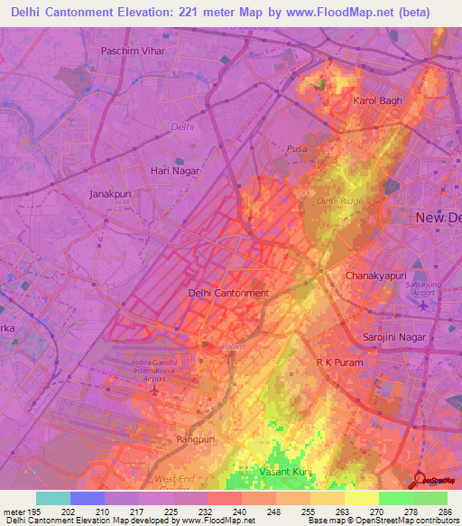 Delhi Cantonment,India Elevation Map