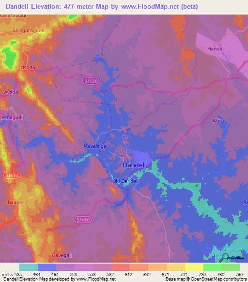 Dandeli,India Elevation Map