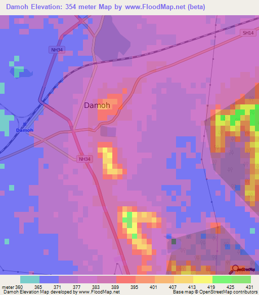 Damoh,India Elevation Map