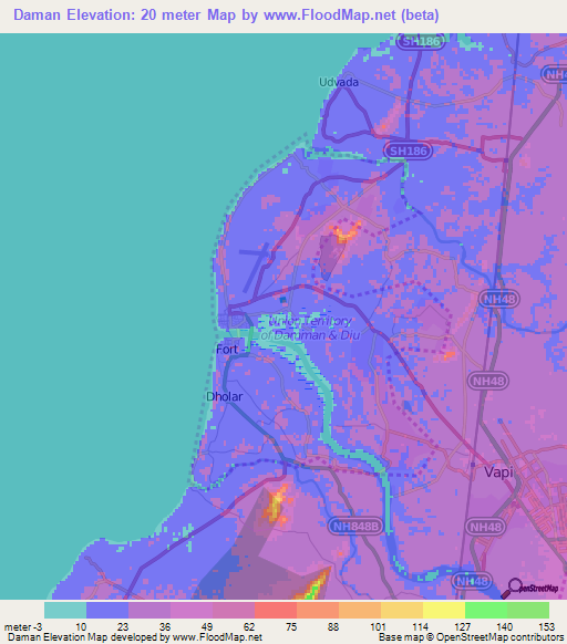 Daman,India Elevation Map