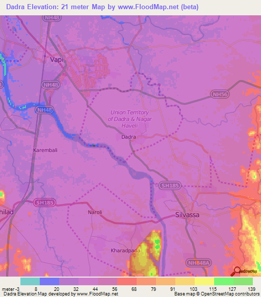 Dadra,India Elevation Map