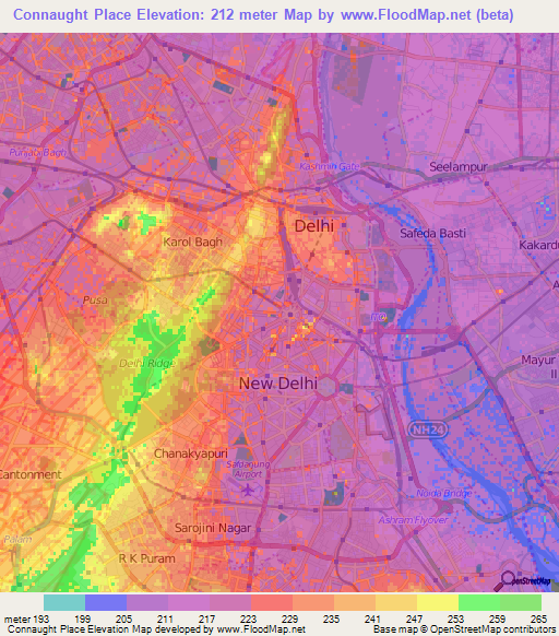 Connaught Place,India Elevation Map