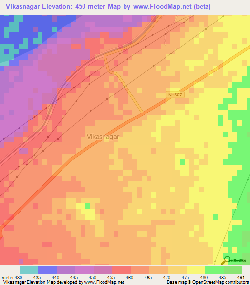 Vikasnagar,India Elevation Map