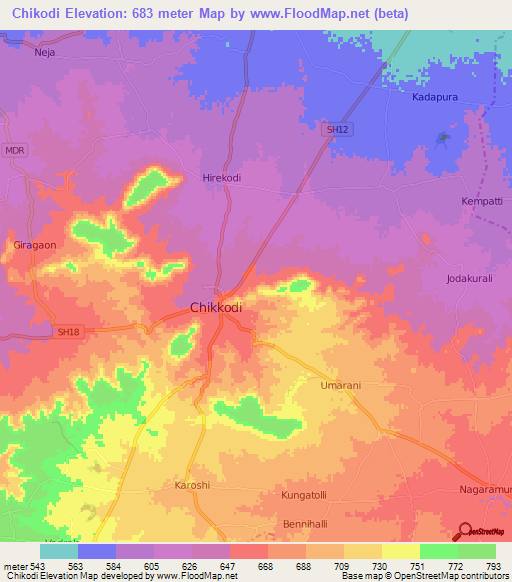 Chikodi,India Elevation Map