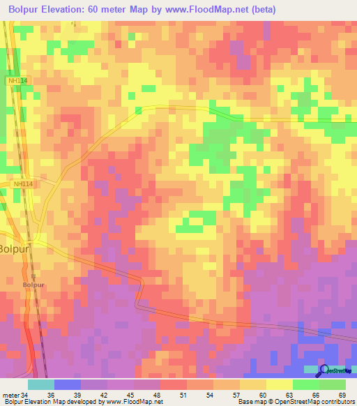 Bolpur,India Elevation Map