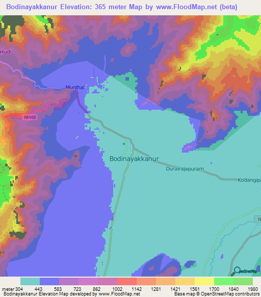Bodinayakkanur,India Elevation Map