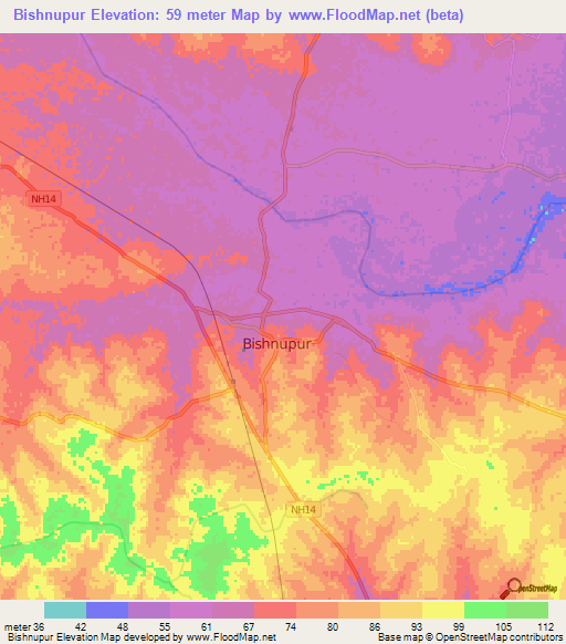 Bishnupur,India Elevation Map