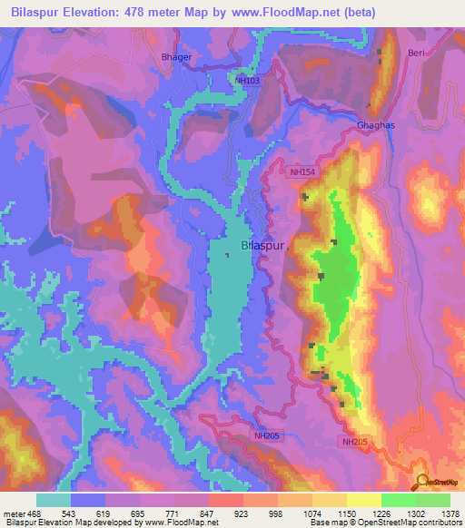 Bilaspur,India Elevation Map