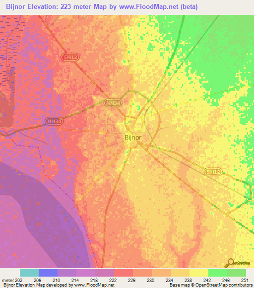 Bijnor,India Elevation Map