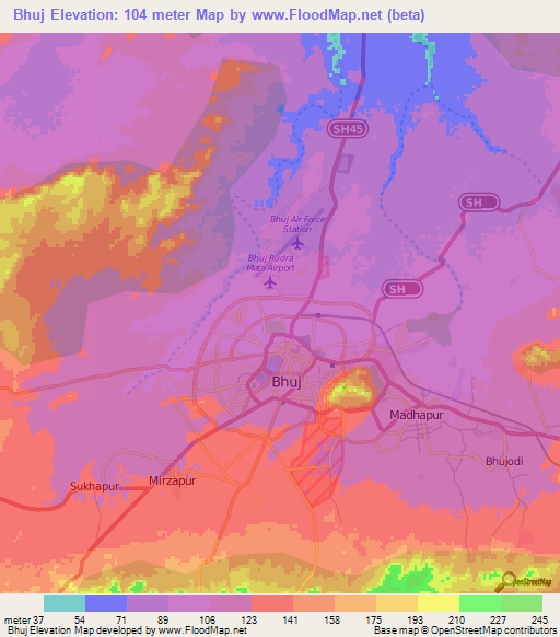 Bhuj,India Elevation Map