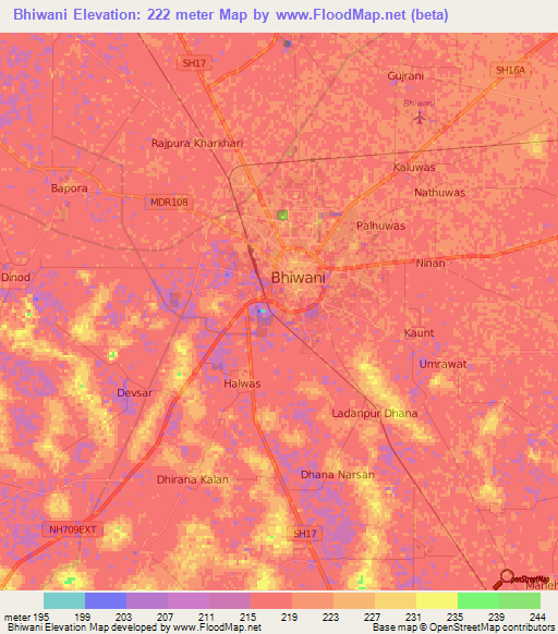 Bhiwani,India Elevation Map