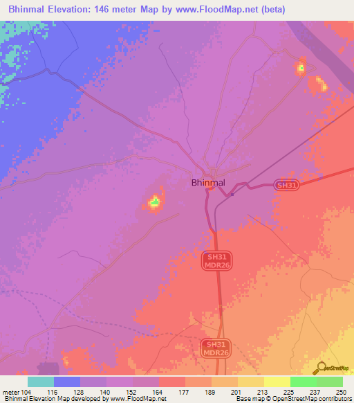 Bhinmal,India Elevation Map