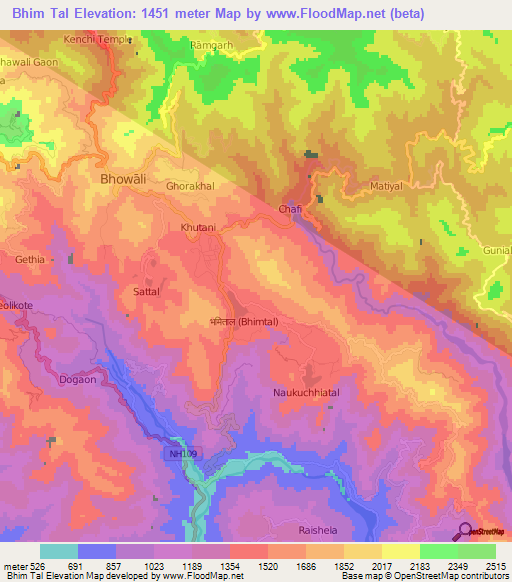 Bhim Tal,India Elevation Map