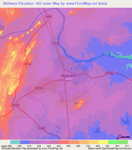 Bhilwara,India Elevation Map