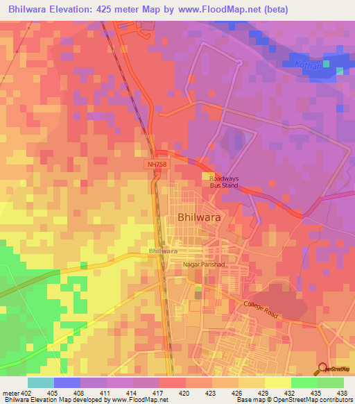 Bhilwara,India Elevation Map