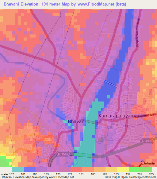 Bhavani,India Elevation Map