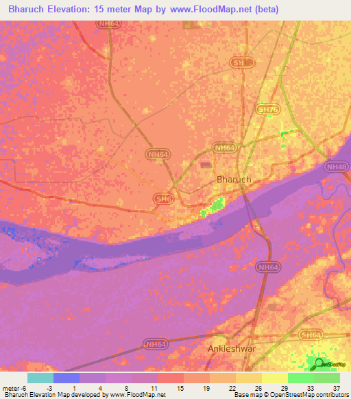 Bharuch,India Elevation Map